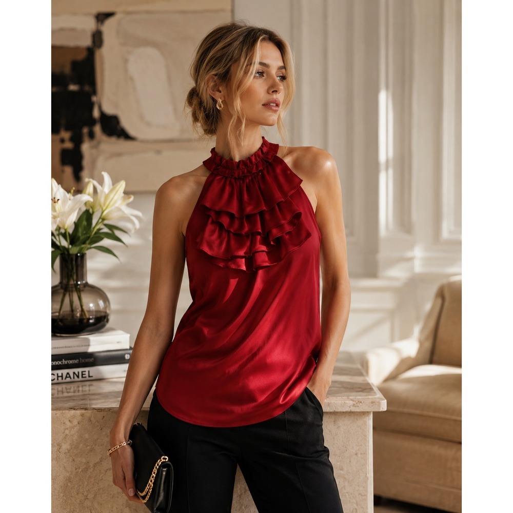 Elena Solano‎ Silk Ruffle Halter Blouse Red Sleeveless Evening Top Women S